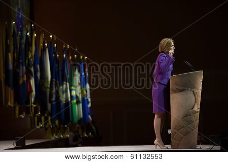 NATIONAL HARBOR, MD - MARCH 8, 2014: Carly Fiorina speaks at the Conservative Political Action Conference (CPAC).