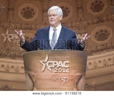 NATIONAL HARBOR, MD - MARCH 8, 2014: Former Presidential candidate and Speaker of the U.S. House of Representatives Newt Gingrich speaks at the Conservative Political Action Conference (CPAC).