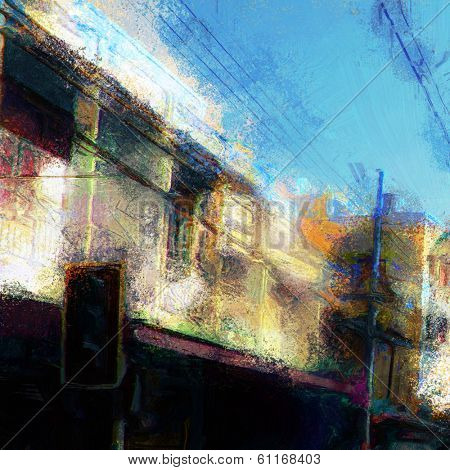 Rough colorful painting of streetside buildings