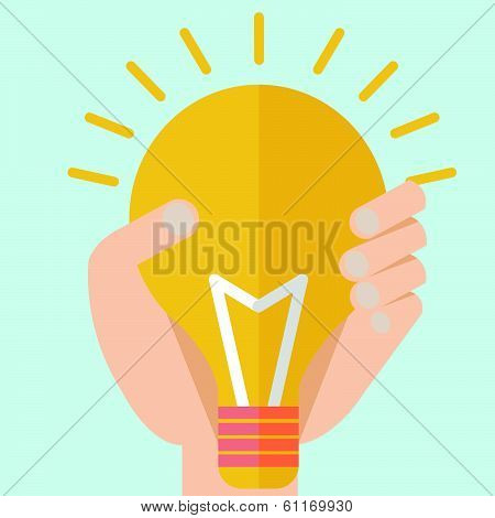 Vector Illustration Of Hand With Bulb Flat Design