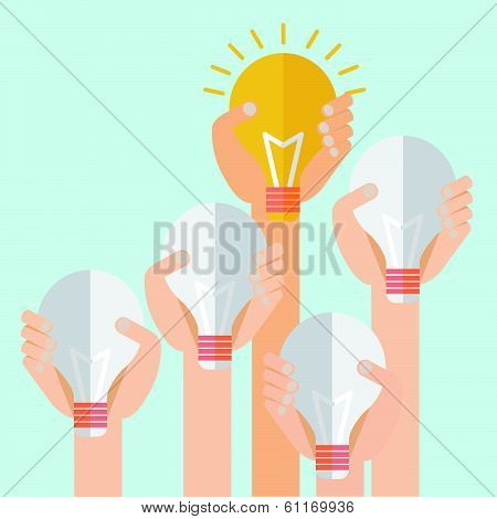 Vector Illustration Of Hand With Bulb Flat Design