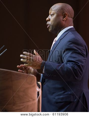NATIONAL HARBOR, MD - MARCH 6, 2014: Senator Tim Scott (R-SC) speaks at the Conservative Political Action Conference (CPAC).