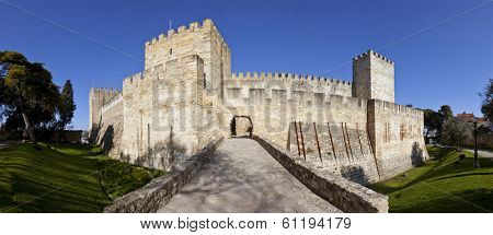 Lisbon, Portugal - February 01, 2013: Sao Jorge (St. George) Castle in Lisbon, Portugal. Entrance of the keep (castelejo). One of the landmarks of the Portuguese Capital.