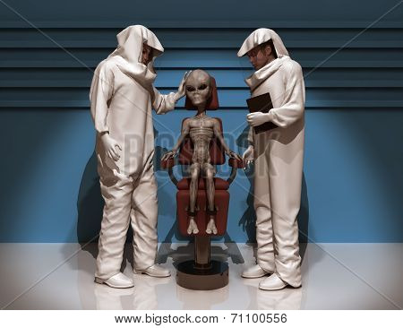 Scientists observing an alien