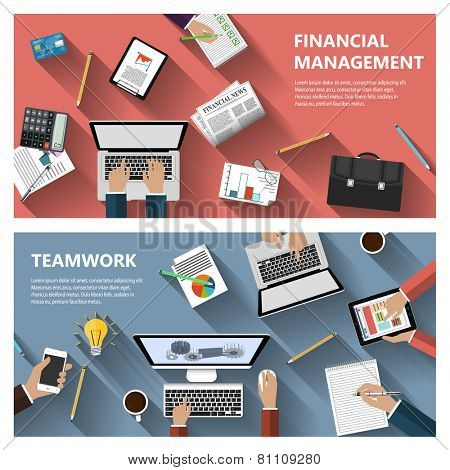Modern flat design financial menagement and teamwork concept  for e-business, web sites, mobile applications, banners, corporate brochures, book covers, layouts etc. Vector eps10 illustration