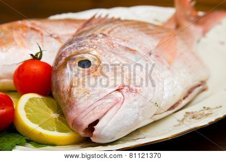 raw porgy with lemon on white dish on wood