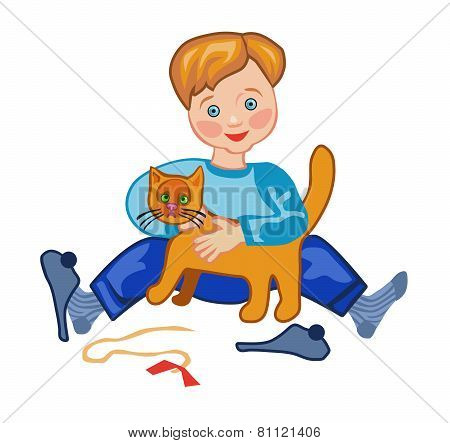 A Boy Plays With A Cat