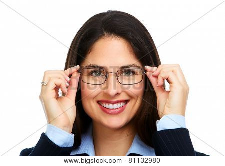 Young business woman with eyeglasses isolated white background.