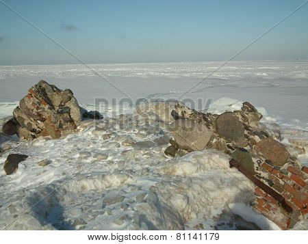 Winter On The Shores Of The Baltic Sea. Icy Pane. Kolka Peninsula. Latvia.