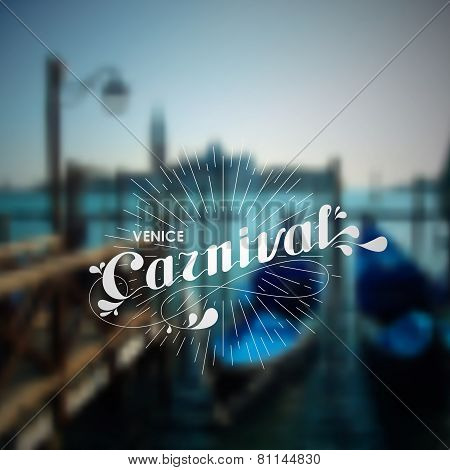 vector holiday illustration of blurred Venice cityscape with ornate typographic label and light rays
