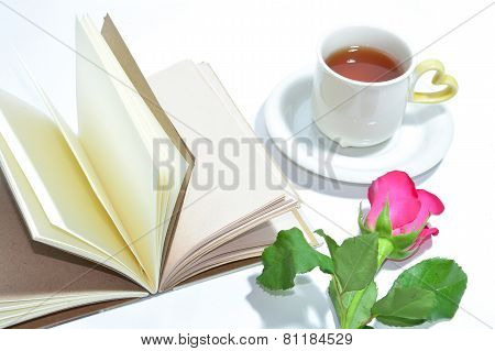 Tea Cup Of Love , Handmade Book And Pink Rose