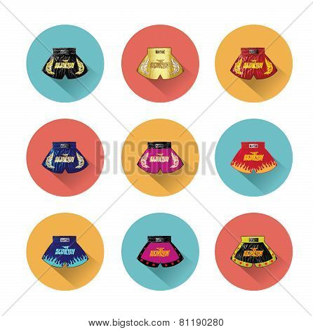 thai boxing shorts icons set with long shadow