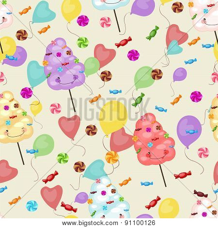 Seamless Pattern Of Sweets, Cotton Candy, Lollipops, Balloons.