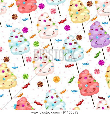 Seamless Pattern Of Sweets, Cotton Candy, Lollipops, Little Stars.