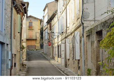 The Direction Sign Is Prohibiting Traffic In The Old Street In The Medieval French Town Nerac.