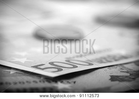 Closeup Of Euro Banknotes And Coins