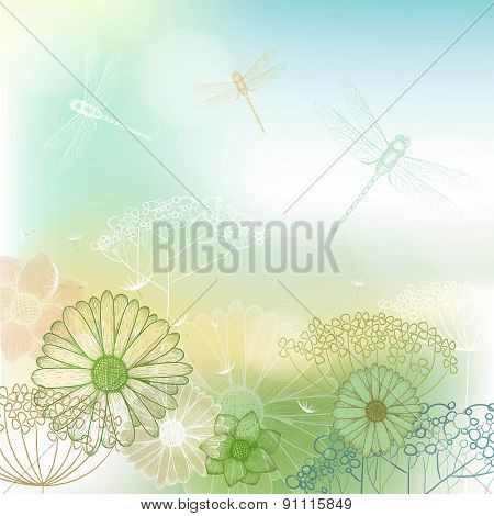 Flower Background Sketch With Dragonfly
