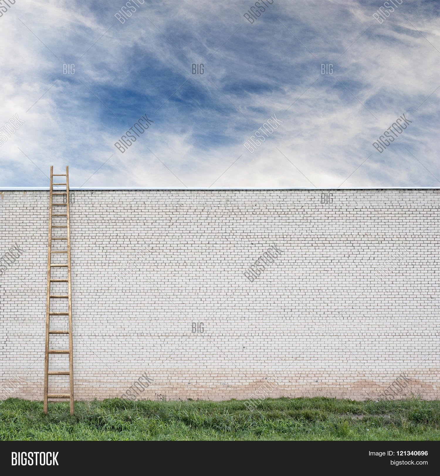 Blue Sky Behind Huge Image Photo Free Trial Stock Blue Sky Behind The Huge Wall With A Wooden Ladder