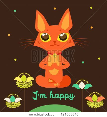 Meditating Cat Vector. Yoga Cat Vector. Cute Red Cat And Message I'M Happy. Vector For Poster Print Greeting Card T Shirt Apparel Design. Yoga Cat Figurine. Cat Costume. Cat As Toy. Yoga Cat Pose.
