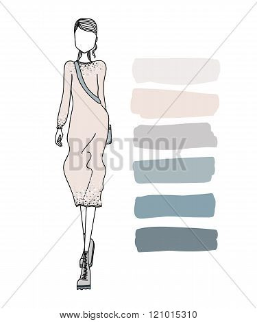 Hand Drawn Fashion Illustration with a Beautiful Woman Wearing Clothes