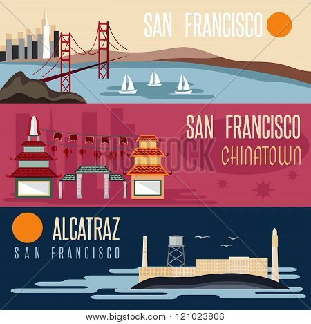 San Francisco Landmarks Horizontal Flat Design Vector Banners