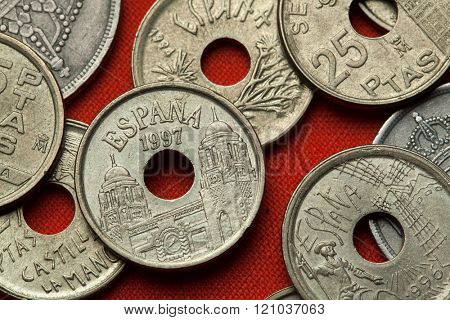 Coins of Spain. Palace of the Assembly of the autonomous city of Melilla depicted in the Spanish 25 peseta coin (1997).