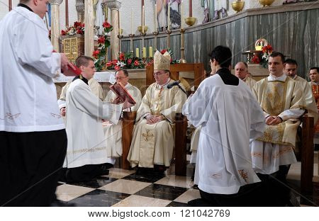 ZAGREB, CROATIA - JANUARY 31: Holy Mass, the consecration of the new altar, led by Cardinal Josip Bozanic, archbishop of Zagreb in the church of Saint Blaise in Zagreb, Croatia on January 31, 2015
