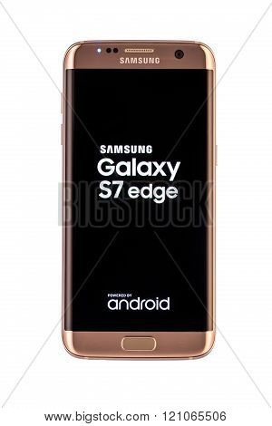 Varna Bulgaria - March 09 2016: Studio shot of a gold Samsung Galaxy S7 Edge smartphone with 12 MP f 1.7 26mm Camera quad-core 26 GHz and 1440 x 2560 pixels Display Resolution