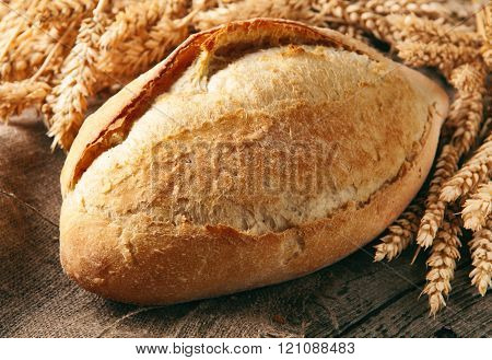 Loaf Of Homemade Bread With Ears Of Wheat