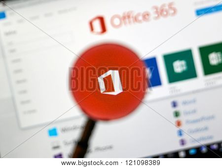 MONTREAL CANADA - MARCH 9 2016 - Microsoft Office application under magnifying glass. Microsoft Office is one of the famous MIcrosoft's product.