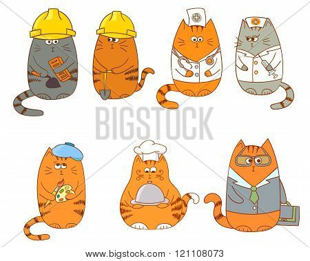 Set of cartoon cat characters. Collection of occupations