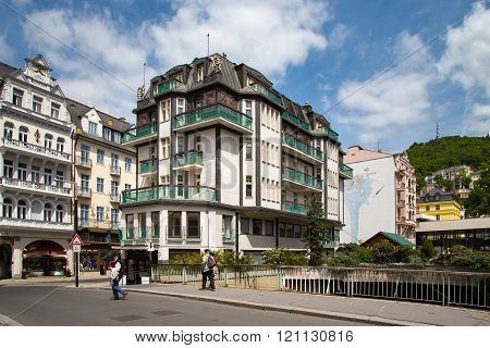 KARLOVY VARY, CZECH REPUBLIC - MAY 15: street view in Karlovy Vary, hotels in Karlovy Vary, Carls
