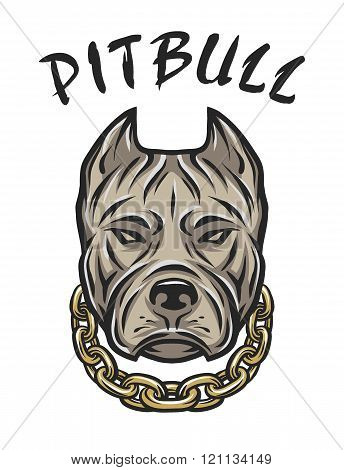 The head of a pit bull with a chain.