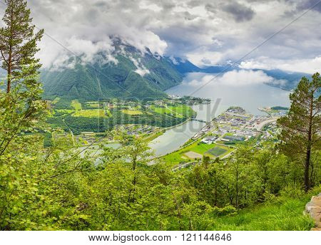 Panoramic view on Andalsnes City, Mountain Landscape and Fjord View, Rauma Municipality in More og Romsdal county, Norway. 