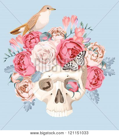 Human skull with roses