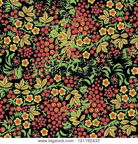 Russian ornament. Traditional seamless in hohloma style. Black floral background with berries, leave