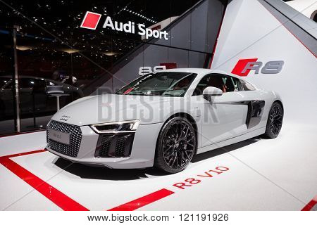 GENEVA, SWITZERLAND - MARCH 1: Geneva Motor Show on March 1, 2016 in Geneva, Audi R8 V10, front-side view