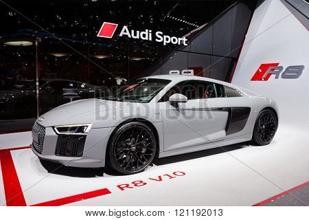 GENEVA, SWITZERLAND - MARCH 1: Geneva Motor Show on March 1, 2016 in Geneva, Audi R8 V10, front-side view