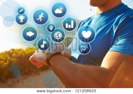 Exercising Man Checking Activity Tracker With Health Icons
