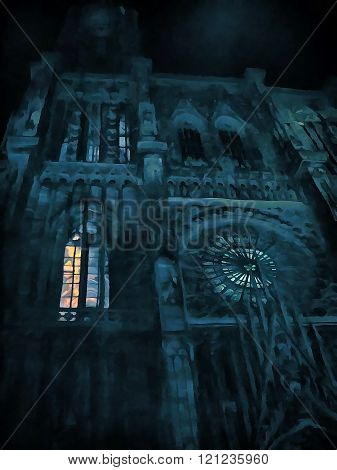 Old Town, Gothic Cathedral At Night, France  Illustration; Watercolor; Acrylic