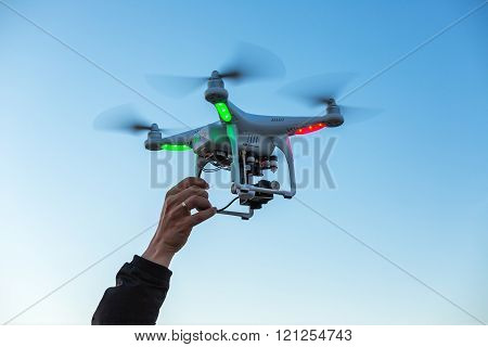 Varna Bulgaria - June 23 2015: Flying drone quadcopter Dji Phantom 2 with digital camera GoPro HERO4