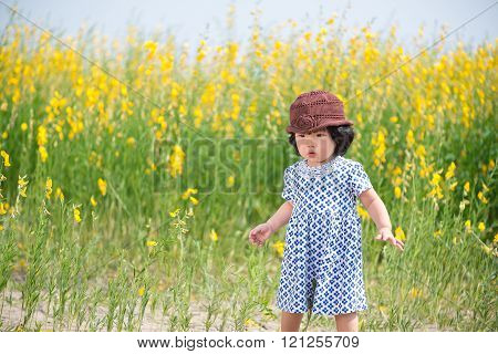 Cute Asian girl in yellow sunhemp flower field