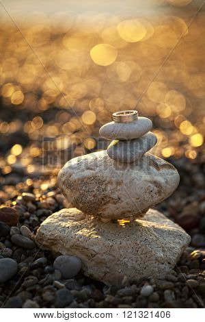 Beautiful wedding rings on a beach, taken in Rhodes island, Greece