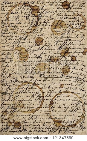 Grunge vintage stained paper texture background with undefined handwritten text.