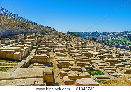 The Jewish Cemetery on the Mount of Olives is the most ancient and most important in Jerusalem Israel.