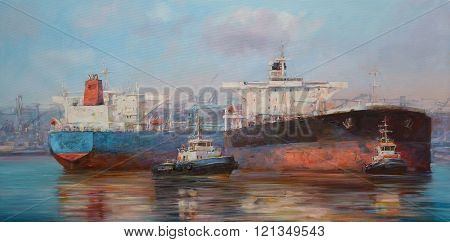 Tanker ships classic handmade  painting