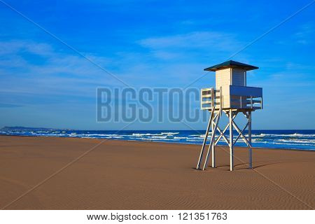 Gandia beach in Valencia of Mediterranean Spain baywatch tower