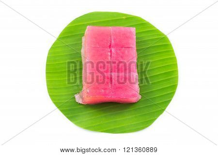 Kind of Thai sweetmeat, Multi Layer Sweet Cake (Kanom Chan) on banana leaf in white background