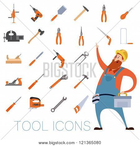 Tool icons set with a worker