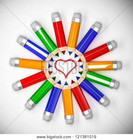 colorful pencils and a heart